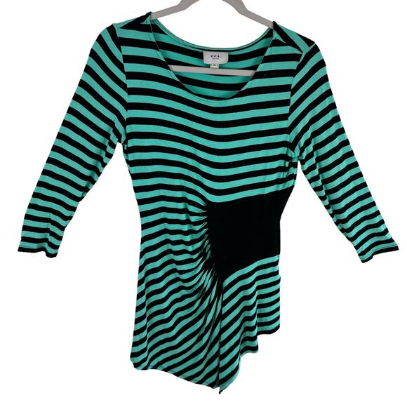 ECI Tops - ECI Green Black Striped 3/4 Sleeve Ruched Asymmetrical Pullover Stretch Top Sz M